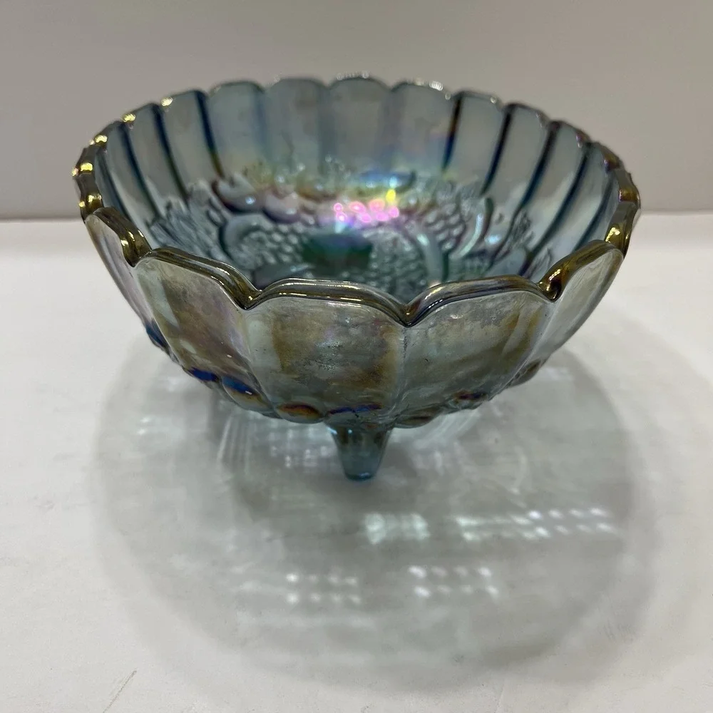Indiana Glass Iridescent Blue Harvest Carnival Grape Fruit Bowl Footed Vintage